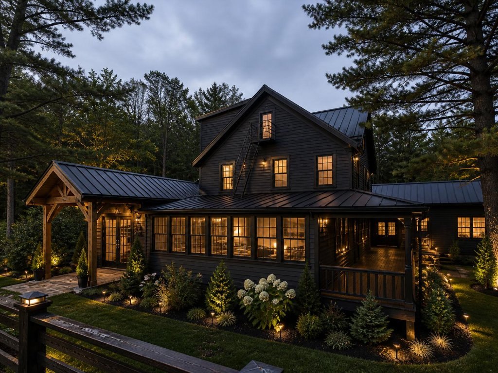 The lodge at dusk, windows glowing among the pines