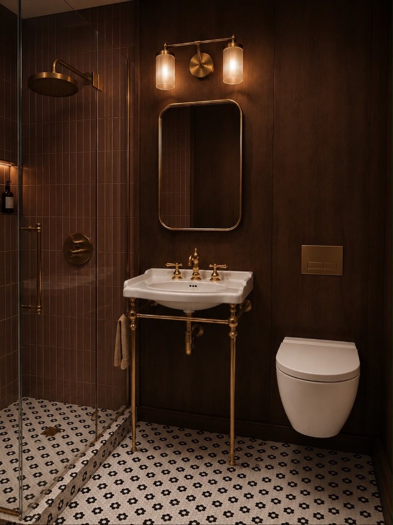 Guest bathroom in dark wood and brass
