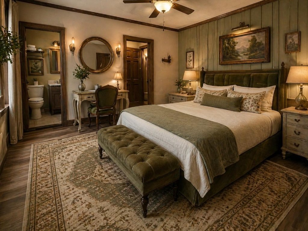 A lodge suite with a tufted bed and painted landscape