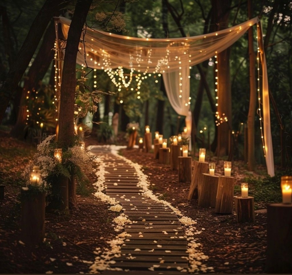 A lantern-lit path through the forest