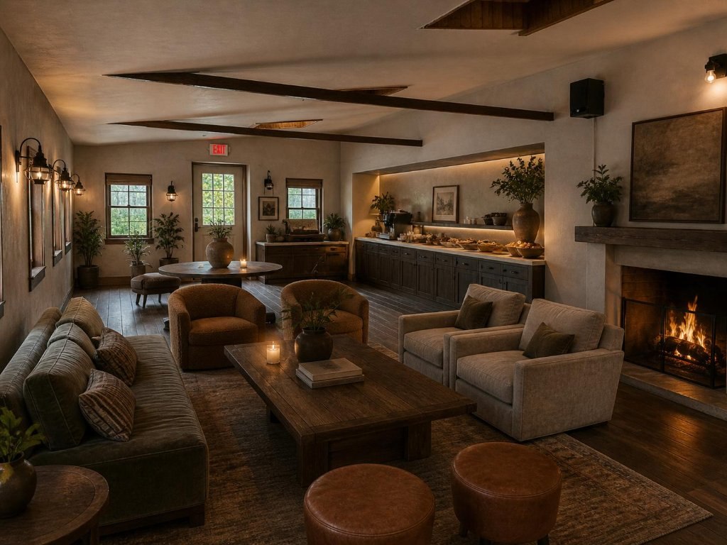 The great room, lamplight and deep sofas