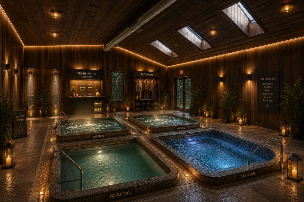 Indoor spa with plunge pools under skylights
